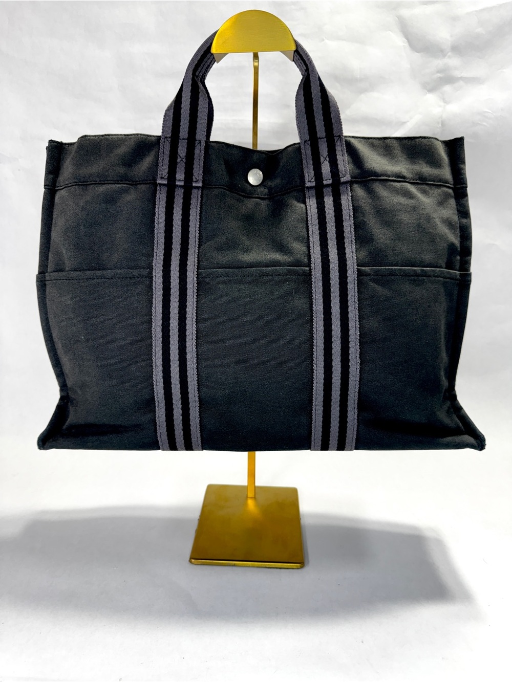 Hermรจs Fourre Tout MM Black Canvas Tote Gray Stripe